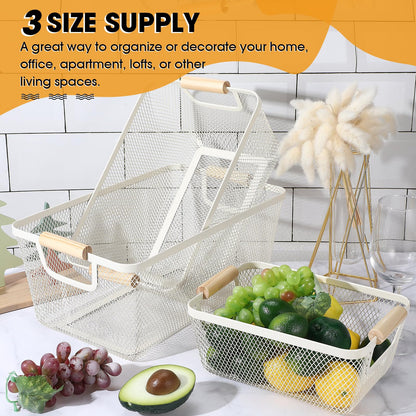 Ziliny 4 Pcs Metal Mesh Wire Baskets with Wooden Handles for Organizing, Pantry Organizers and Storage Steel Bin Kitchen Baskets for Fruit Potato Onion Snacks Bathroom Cabinet(Medium,Cream White)