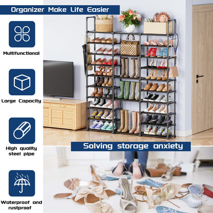 Mavivegue 10 Tiers Shoe Rack Tall Shoe Organizer Shoe Storage 55-65 Pairs Vertical Shoe Shelf Large Shoe Rack Organizer Stackable Shoe Racks for Entryway, Closet, Garage, Bedroom,Cloakroom -Black