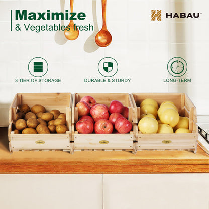 HABAU Wood Potato Onion Storage Bins - Wooden Stackable Produce Basket - Fruit Vegetable Storage for Kitchen Pantry Organization, Set 3 Pieces
