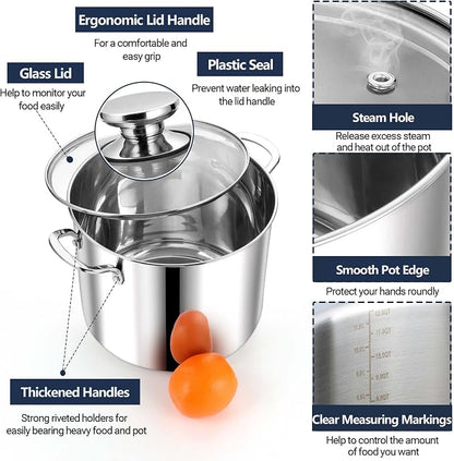 P&P CHEF 12 Quart Stainless Steel Stock Pot with Lid, Large Stockpot for Cooking Pasta Soup, Cookware for Induction Gas Electric Stoves, Visible Lid & Measuring Markings, Dishwasher Safe