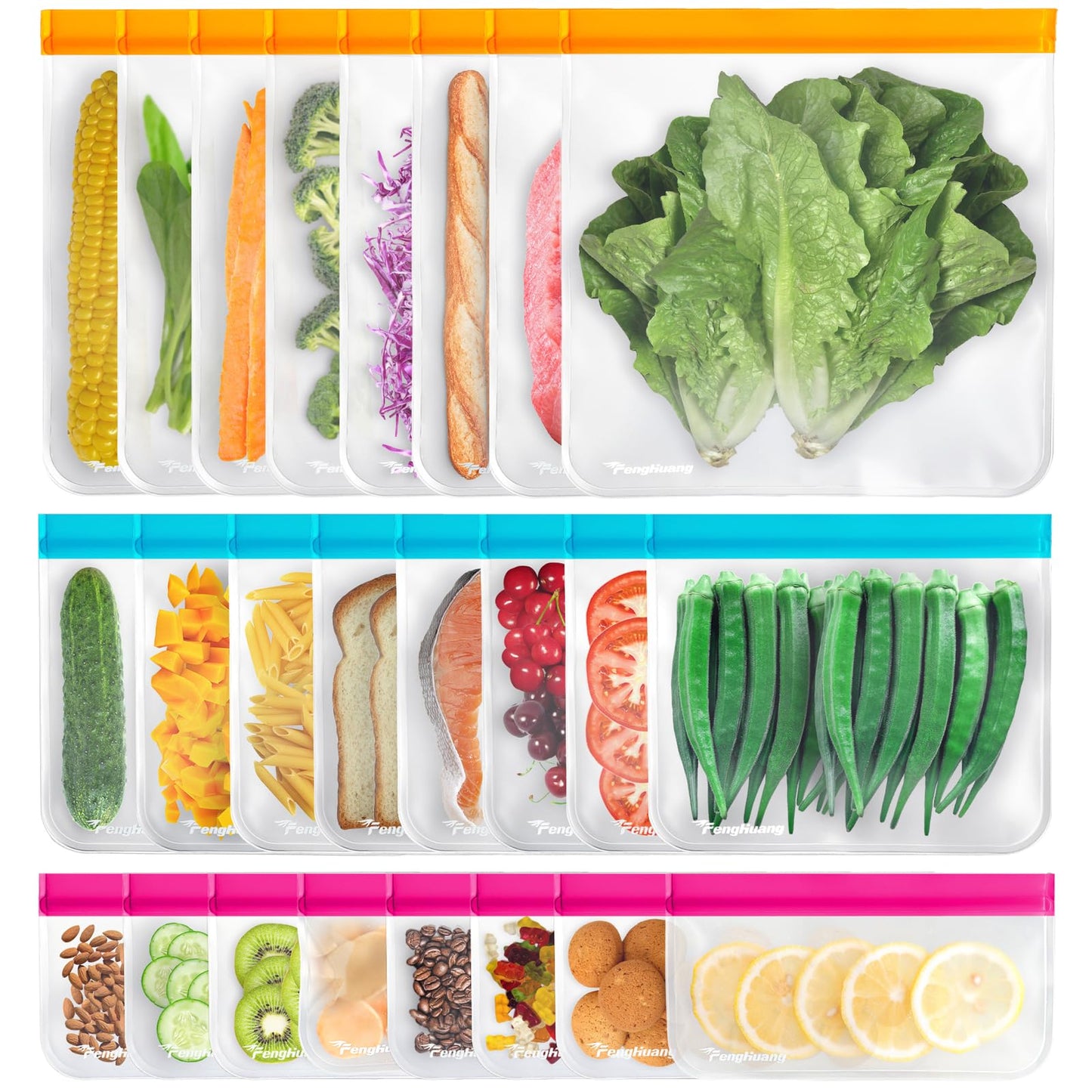 24 Reusable Food Storage Bags, Freezer Bags with Pack BPA FREE (8 Reusable Gallon Bags+8 Leakproof Reusable Sandwich Bags+8 Food Grade Snack Bags) EXTRA THICK Reusbale Lunch Bag for Salad Fruit