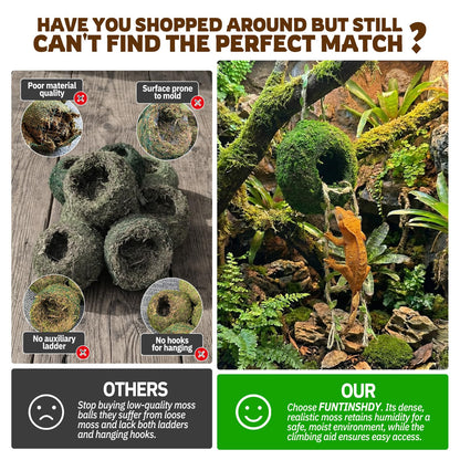 Moss Cave Hideout with Hanging Rope & Hemp Climbing Ladder – Natural Reptile Tank Decor Accessories for Crested Geckos, Chameleons, Tree Frogs, Leopard Geckos & Snakes. Terrarium & Vivarium Decor (4")