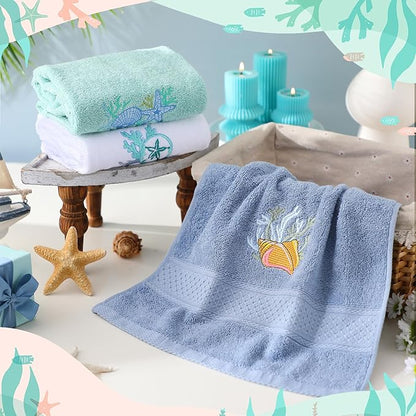 3 Pack Coastal Hand Towels for Bathroom 100% Cotton Embroidered Beach Bathroom