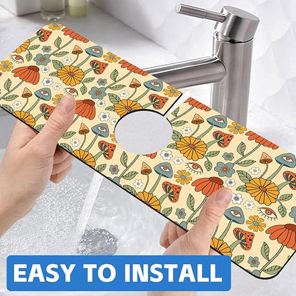 Abstract 70s Mushroom Floral Sink Faucet Absorbing Mat Sink Splash Guard Faucet