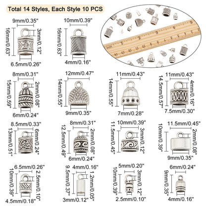PH PandaHall Cord End Cap, 140pcs 14 Styles Alloy Glue in End Caps Leather Cord End Cap Bead Tube Barrel Loop Clasp for Tassels Earring Bracelet Jewelry DIY Craft Making, Antique Silver