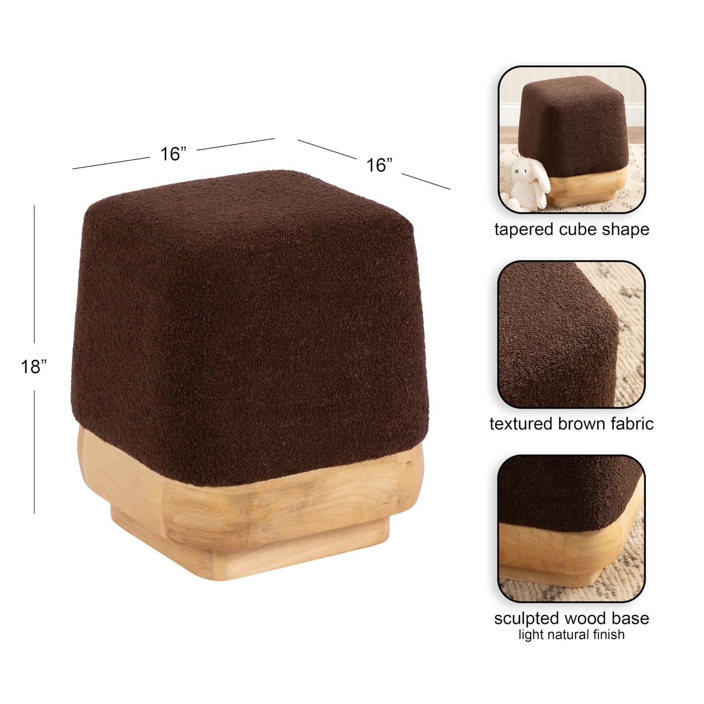 Kate and Laurel Sabri Square Upholstered Ottoman with Mango Wood Base, 16 x 16 x 18, Soft Brown and Natural, Modern Boucle Living Room Ottoman Foot Rest for Apartment or Dorm Room Decor