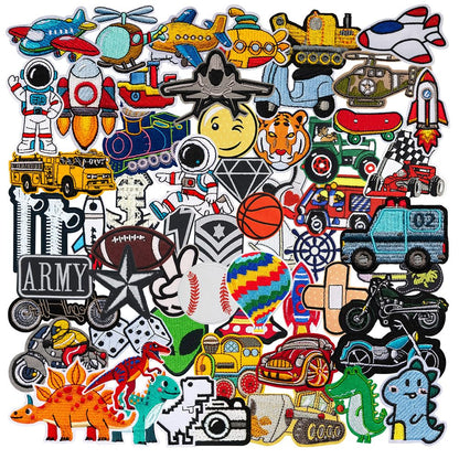 60 Pcs Random Assorted Preppy Boy's Iron on Embroidered Patches,Cute Aesthetic Boy Theme Car Dinosaur Ball Sew on Applique Patches for DIY Backpacks Pants Clothes Jeans Jackets Shirts Shoes