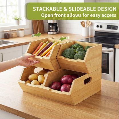 Bambition Bamboo Pantry Storage Bins, Stackable Potato and Onion Storage Bin for Kitchen Countertop, Wood Pantry Organizer Baskets for Fruit Vegetable Snack