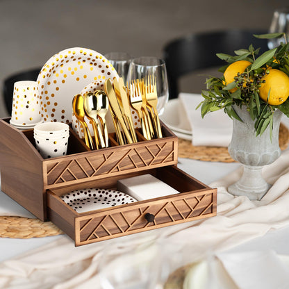 Marsui Paper Plate Dispenser, Wood Rustic Paper Plate Holder for Countertop with Drawer Silverware Utensil Caddy, Cutlery Flatware Organizer for Spoon Fork Napkins Kitchen Parties(Wood-burned Brown)