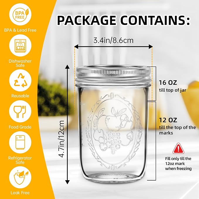 Miuyhji Wide Mouth Mason Jars 16 oz with Lids [2 Pack], Canning Jars with Metal Airtight Lids and Bands, 16 oz Glass Jars for Fermenting, Pickling, Freezing, Preserving, Meal Prep, Jar Décor