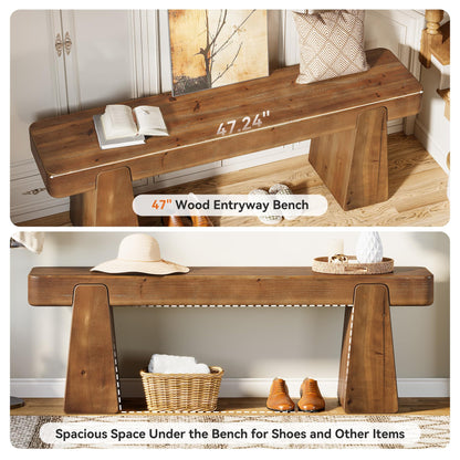 TRIBEWOOD Solid Wood Bench, 47-Inch Farmhouse Wood Entryway Bench with Thickened Legs, Narrow Indoor Wooden Bench for Entry, Hallway, Living Room, End of Bed, Dark Brown