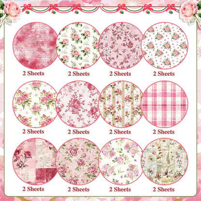 Konsait 24 Sheets Pink Flower Scrapbook Paper 12x12, Double Sided Rose Patterned Paper Floral Decorative Cardstock Pad Origami Papers for Card Making Romantic Scrapbook Supplies