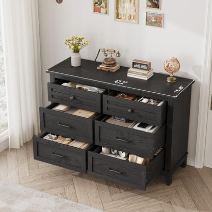 GarveeHome 6 Dresser for Bedroom, 47 in Wide Drawer Dresser with Storage Freestanding, Wooden Closet Storage Chest for Living Room, Bedroom, Entryway, Dark Black