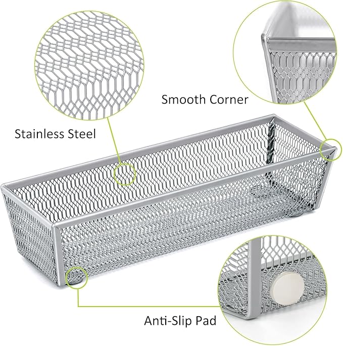 Neudeco Drawer Organizer Set, Silver, 5 Pack | 4-Compartment Silverware Tray, 4 Utensil Trays, Silver Mesh, Non-Slip, For Flatware, Cutlery, Office Supplies