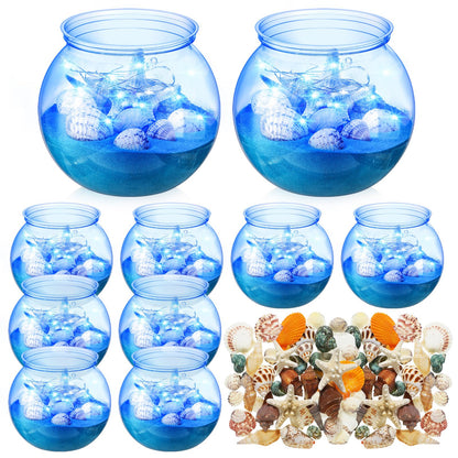 RoundFunny 12 Set 30 oz Beach Themed Party Table Centerpieces 4" Heavy Duty Round Plastic Fish Bowls Mixed Beach Natural Seashell Starfish with Blue Lights for Wedding Baby Shower Ocean Party Supplies