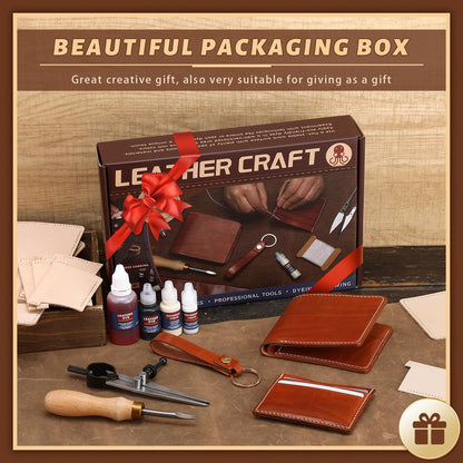 CBHGFEA 51-Piece Leather Working Kit: CBHGFEA Craft Tools Set with Edge Beveler Vegetable Tanned Leather Compass Wax Thread Video Tutorials for Wallets Card Holders and Keychains Crafts for Adults
