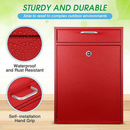 Yaocom Locking Mailbox with Key for Outdoor 16.2 x 11.2 x 4.7 Inches Large Wall Mount Mail Box with Lock Security Mail Drop Metal Collection Boxes Hanging Secure Postbox(Red)