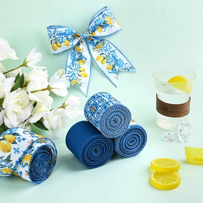 4Rolls 20 Yards Lemon Wired Edge Ribbon 2.5inch Summer Blue Tiles Yellow Lemon Printed Fabric Ribbon for Wreath Bow Making DIY Crafts Wrapping Supplies