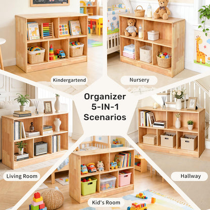 WINGYZ Rubber Wood Montessori Bookshelf, 5-Section Wooden Storage Cabinet, 2 Shelf Bookcase Toy Storage Organizer, 35.4" L Montessori Shelf for Kids Rooms Playroom Nursery Classroom Daycare Furniture