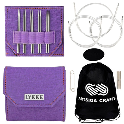 Lykke Flight 3.5 in. Mini Set US Sizes 0, 1, 1.5, 2, 2.5 Interchangeable Circular Knitting Needles for Lace, Fingering, Sock, Baby Yarn, Stainless Steel, 3 Cords, Purple Case, Project Bag