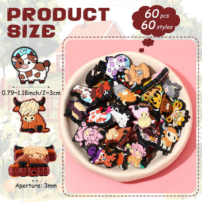 Tondiamo 60 Pcs Silicone Focal Beads for Pens Bulk Highland Cartoon Animal Theme Focal Bead for Beaded Pen Necklace Bracelet Charms Keychain Making Jewelry Making DIY Gifts(Cow)