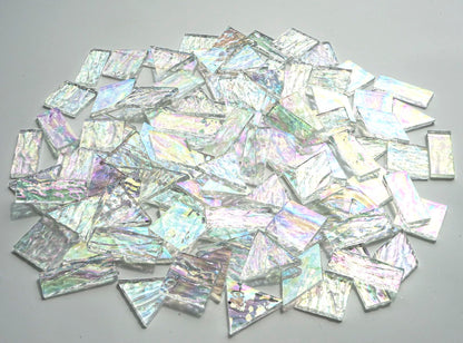 CHICSHIS Iridescent Textured Cathedral Glass Mosaic Tiles, 200g Transparent Stained Glass Pieces for Mosaic Art, Pre-Cut for Handmade Crafts, Clear
