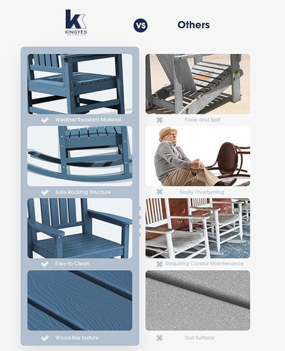 KINGYES Oversized Patio Rocking Chair Set of 2, High Density Polyethylene Outdoor Rocking Chairs with 330lbs Support for Adults, Navy