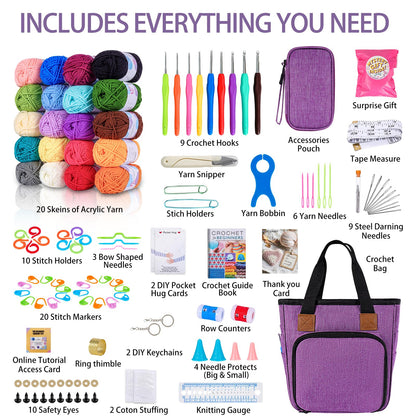 JC CRAFT Deluxe Beginner Crochet Kit – 116-Piece Set with 20 Yarns, Ergonomic Hooks, Accessories, Book for Beginners & Online Tutorial – DIY Starter Kit for Adults & Teens with Purple Bag & Case