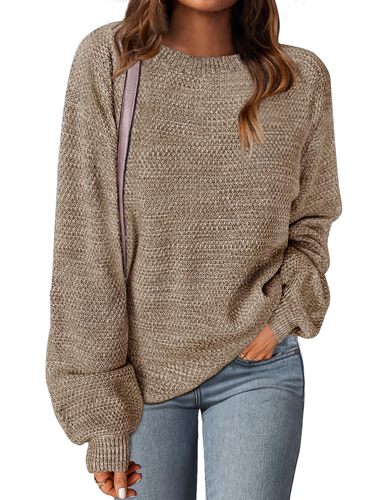 MEROKEETY Women's 2025 Fall Winter Oversized Pullover Sweater Trendy Crew Neck Long Sleeve Heathered Knit Jumper Tops
