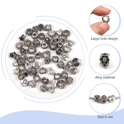 TOAOB 60pcs Assorted European Beads Large Hole Spacer Beads Antique Silver Rhinestone Charms Supplies for Bracelet Necklace Jewelry Making