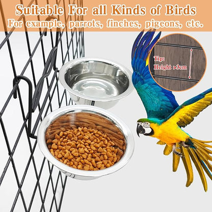 kathson Stainless Steel Bird Bowls for Cage, 2 PCS Metal Pet Food Water Dishes with Holder Feeder Cage Coop Hook Feeder Cups for Birds, Parrots, Small Sized Dogs and Cats (6.7 Inch Dia)