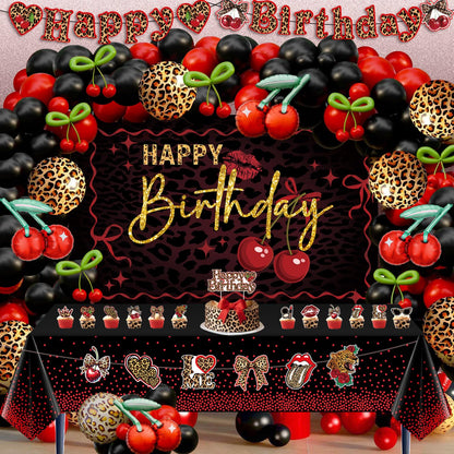 Cheetah and Cherry Birthday Decorations for Women Girls - Red and Black Balloon Arch Kit, Cherry and Cheetah Print Balloons, Tablecloth, Banners, Cake Toppers, Girls Night, Bachelorette Party Decor