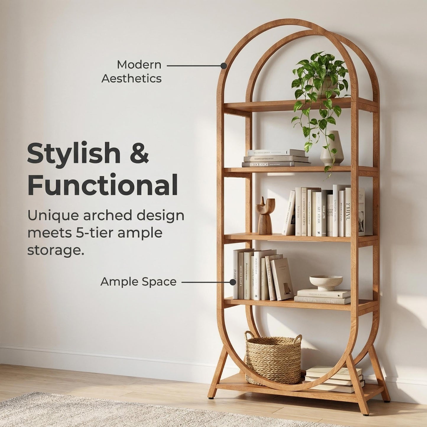 Arvolia 5-Tier Arched Bookshelf, Tall Wooden Open Shelf for Home