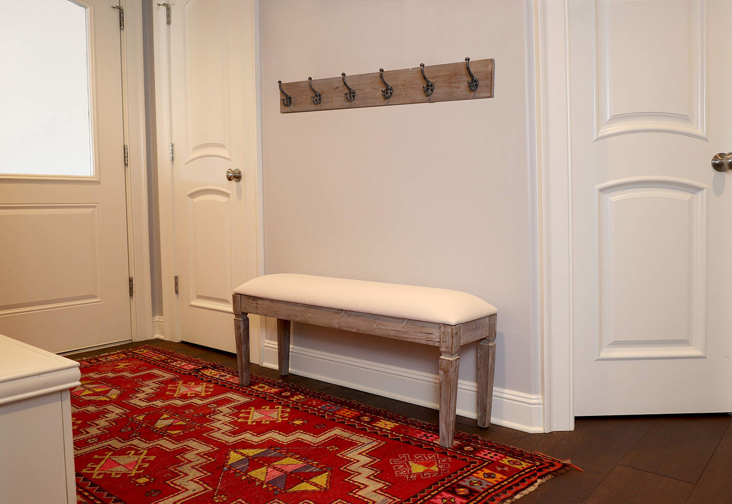 Decor Therapy Waverly Wood Bench with Coat Rack Set, Set of 2, White with Cream Cushion