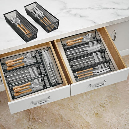 Neudeco Silverware Organizer, Black, 9 x 3 x 2 inch, Pack of 12 | Mesh Drawer Organizer, Metal Construction, For Kitchen Utensils & Flatware, Multi-Purpose Use