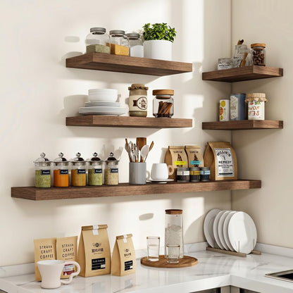 Acovy 24 Inch Floating Shelves, 24"x9.25"x1.5" Inch Deep Floating Shelves for Wall, Wooden Shelves for Bathroom, Bedroom, Living Room, Walnut, 2 Pieces