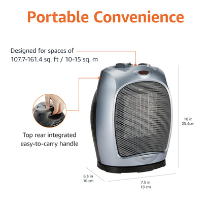 Amazon Basics Oscillating Ceramic Portable Indoor Space Heater, Fast Heating Technology, Overheat and Tip-Over Protection, Adjustable Thermostat, 1500W, 7.52"D x 6.34"W x 9.45"H, Silver