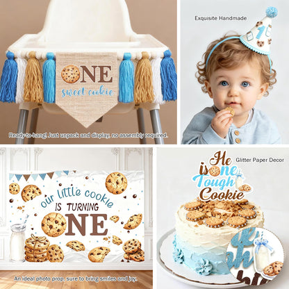 Costova Milk and Cookies 1st Birthday Decorations, 106 PCs One Sweet Cookie Birthday Supplies with Backdrop, Balloon Garland, Cake Topper, Hat for One Year Old Boy Party