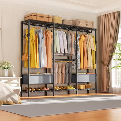 Golpart Clothes Rack Coat Rack Closet Organizers and Storage Laundry Room Organization Heavy Duty Portable Clothing Racks for Hanging Clothes Adjustable Freestanding with Shelves and Wheels Black