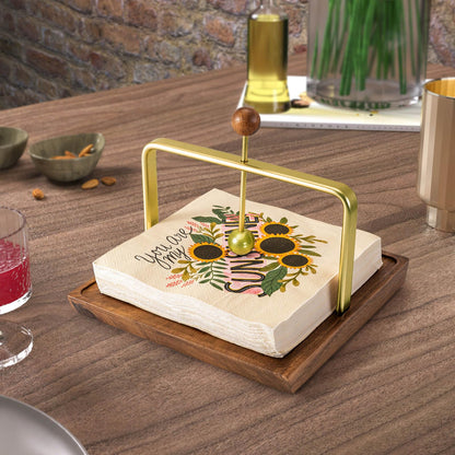 Wood Napkin Holder for Table, Square Tabletop Napkin Dispenser with Sophisticatedly Metal Center Bar, Cocktail Napkin Holder for Home, Kitchen, Office, Restaurant, Hotel, Cafe, Bar