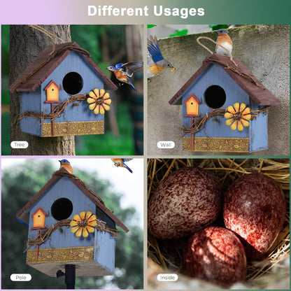 AHUONEL Hanging Bird Houses for Outside Decorative Birdhouse, Garden Bird Feeders for Outdoors, Blue Wooden Bird Nest Box for Wren Finchs Hummingbird Cardinal Bluebird Wild Birds, Gift for Bird Lovers