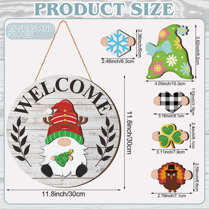 Qunclay 31 Pcs Fascinating Interchangeable Wooden Gnome Door Hanger Holiday Seasonal Gnome Decorations with Magnet Pieces and Detachable Hats Changeable Welcome Sign for Home (Gray)