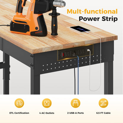 CAMMOO 60" Adjustable Heavy Duty Workbench, 2000 LBS Load Capacity Rubber Wood Work Table with Pegboard, Power Outlets, Work Bench for Garage, Workshop, Office, Home, Commercial