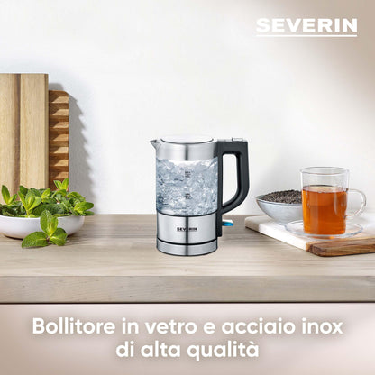 SEVERIN Mini Glass Kettle 0.5 L, Powerful and Compact in High-Quality Design, Electric Kettle with Limescale Filter, Stainless Steel/Black, WK 3472