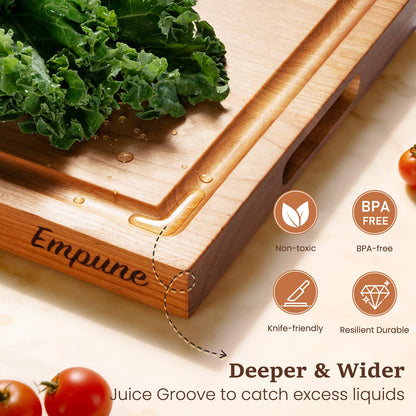 Empune Cherry Wood Cutting Boards for Kitchen Wooden Cutting Board with Handle, Chopping Board with Built-in Juice Groove & Well, Heavy-duty Charcuterie Board Butcher Block, 16.5x11.8x1.4 Inches