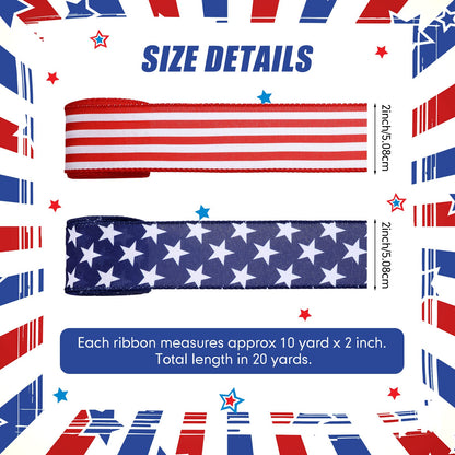 Hoteam 250th Anniversary 2 Rolls 20 Yard Red White and Blue Ribbon Patriotic Star and Striped Wired Royal USA Ribbon DIY Crafts for Xmas Holiday Decor(2 Inch,Red, Beige, White, Blue)