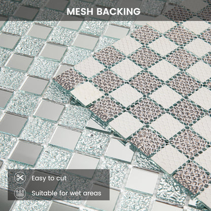 Adedeo Crystal Diamond Mirror Mosaic Tile Square Glass Mosaic Tile for Kitchen Backsplash Bathroom Wall (6 Sheets, Silver Square Flat Mirror)
