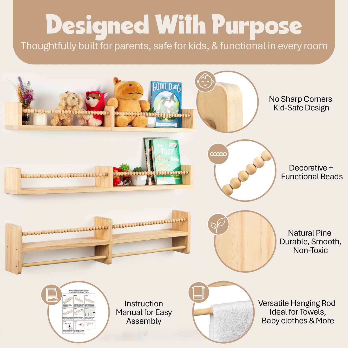 Stelzriede Nursery Shelves for Wall – Nursery Book Shelves with Hanging Rod – Set of 3 Wooden Wall-Mounted Shelves, Rounded Edges, Nursery Bookshelf for Kids Room Decor, 31.5" x 3.9" x 3.7"