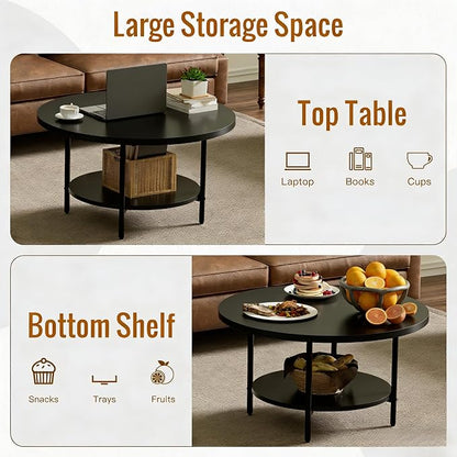 FAMIDGE Coffee Table, 27.6“ Circle Coffee Tables for Living Room, 2 Tier Round Coffee Table with Storage, Wood Accent Center Floor Table for Bedroom, Industrial Home Office, Black (27.6" D x 17.7" H)