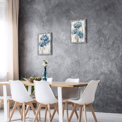 Blue Flower Wooden Artwork Framed: Bloom Wall Art Floral Painting Print for Dining Room (11''W x 16''H x 2 PCS, Multiple Sizes/Material)
